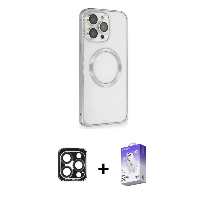 MARSİLYAN™- iPhone 15 Pro Max Kılıf Ahenk Işık Serisi - Siyah Bilvis 5in1 3D Magic Cam Ekran Koruyucu + Lacivert PVD Metal Kamera Lens