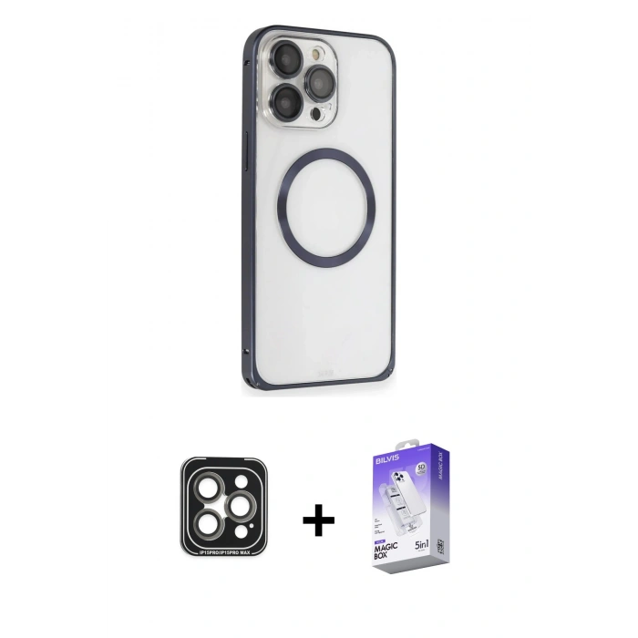 MARSİLYAN™- iPhone 15 Pro Max Kılıf Ahenk Işık Serisi - Siyah Bilvis 5in1 3D Magic Cam Ekran Koruyucu + PVD Metal Kamera Lens - GI