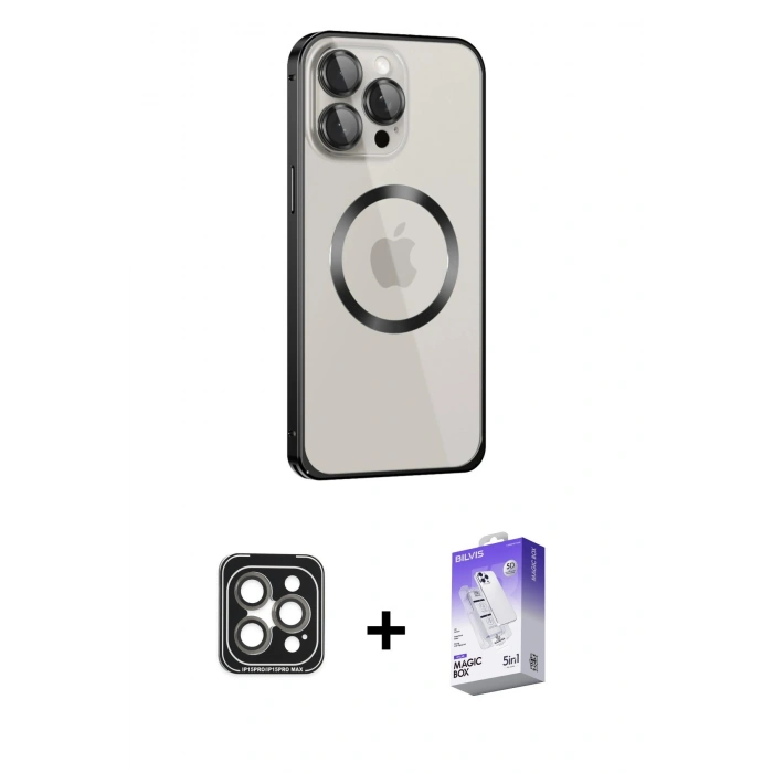 MARSİLYAN™- iPhone 15 Pro Max Kılıf Ahenk Işık Serisi - Siyah Bilvis 5in1 3D Magic Cam Ekran Koruyucu + PVD Metal Kamera Lens - GI
