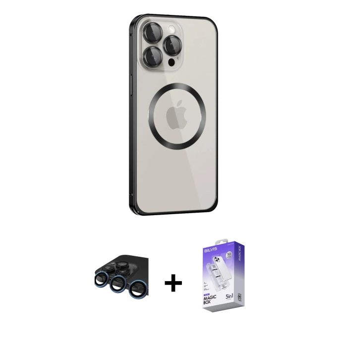 MARSİLYAN™- iPhone 15 Pro Max Kılıf Ahenk Işık Serisi - Siyah Bilvis 5in1 3D Magic Cam Ekran Koruyucu + Raze Metal Kamera Lens - LT
