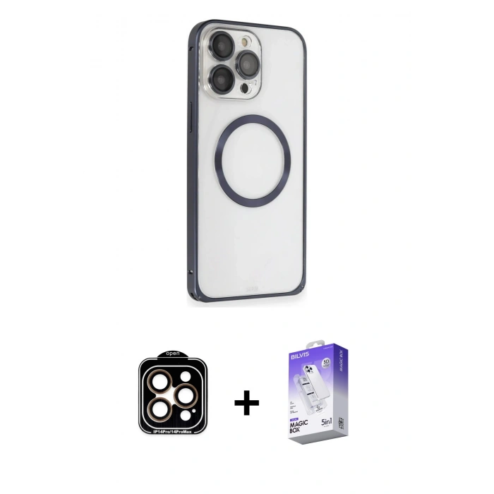 MARSİLYAN™- iPhone 15 Pro Max Kılıf Ahenk Işık Serisi - Siyah Bilvis 5in1 3D Magic Cam Ekran Koruyucu + PVD Metal Kamera Lens - TU