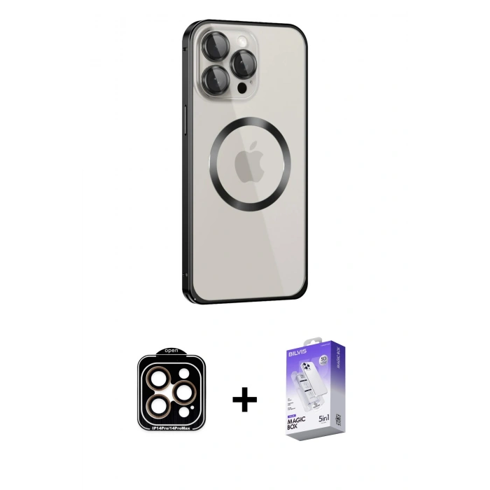MARSİLYAN™- iPhone 15 Pro Max Kılıf Ahenk Işık Serisi - Siyah Bilvis 5in1 3D Magic Cam Ekran Koruyucu + PVD Metal Kamera Lens - TU