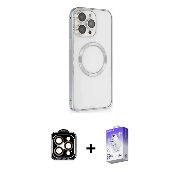 MARSİLYAN™- iPhone 15 Pro Max Kılıf Ahenk Işık Serisi - Siyah Bilvis 5in1 3D Magic Cam Ekran Koruyucu + PVD Metal Kamera Lens - TU