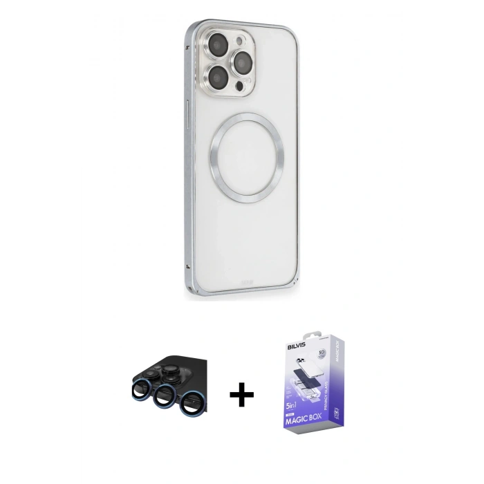 MARSİLYAN™- iPhone 15 Pro Max Kılıf Ahenk Işık Serisi - Siyah Bilvis 5in1 5D Magic Hayalet Cam Ekran Koruyucu + Raze Metal Kamera Lens - LT