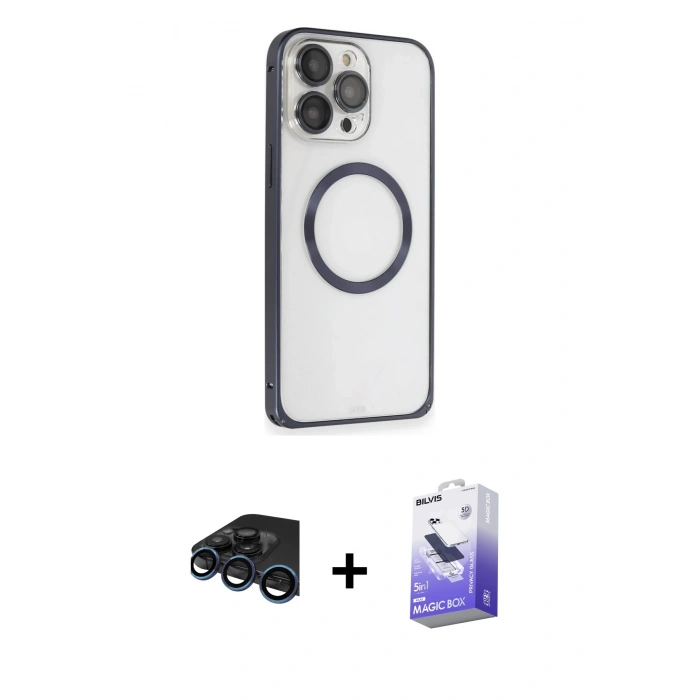 MARSİLYAN™- iPhone 15 Pro Max Kılıf Ahenk Işık Serisi - Siyah Bilvis 5in1 5D Magic Hayalet Cam Ekran Koruyucu + Raze Metal Kamera Lens - LT