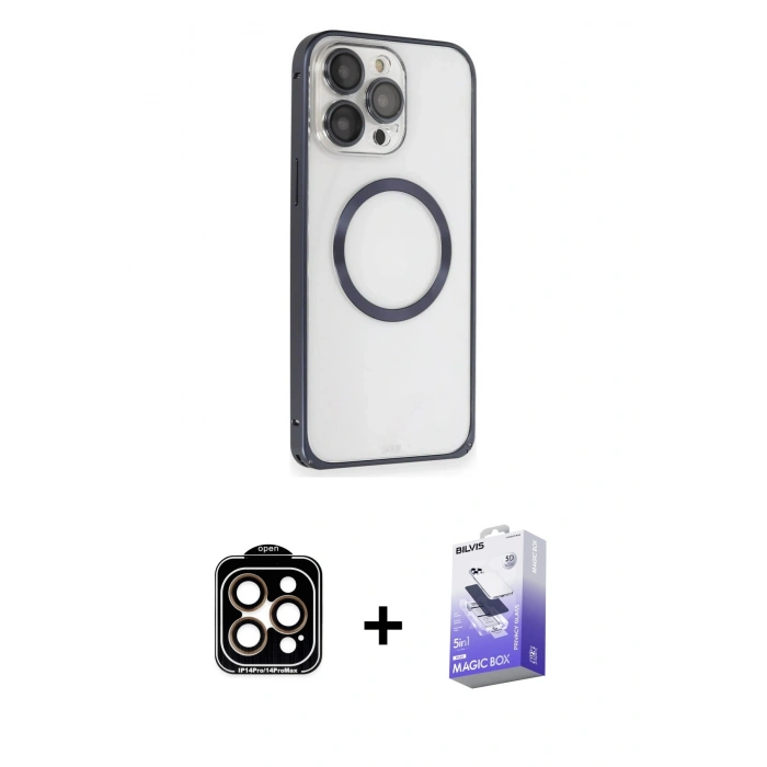 MARSİLYAN™- iPhone 15 Pro Max Kılıf Ahenk Işık Serisi - Siyah Bilvis 5in1 5D Magic Hayalet Cam Ekran Koruyucu + Turuncu PVD Metal Kamera Lens