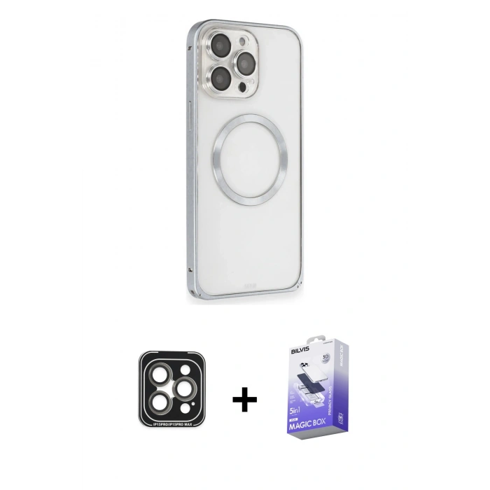 MARSİLYAN™- iPhone 15 Pro Max Kılıf Ahenk Işık Serisi - Siyah Bilvis 5in1 5D Magic Hayalet Cam Ekran Koruyucu + PVD Metal Kamera Lens - GI