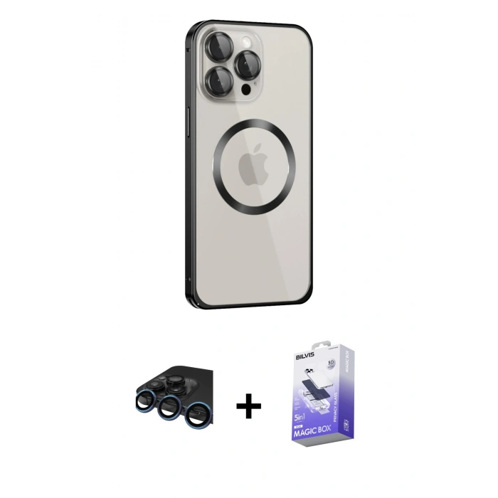 MARSİLYAN™- iPhone 15 Pro Max Kılıf Ahenk Işık Serisi - Siyah Bilvis 5in1 5D Magic Hayalet Cam Ekran Koruyucu + Raze Metal Kamera Lens - LT