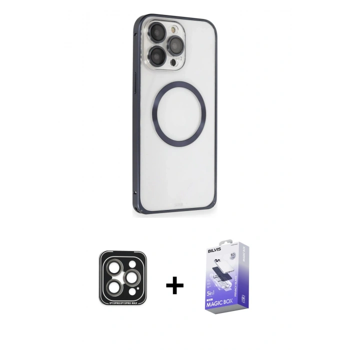 MARSİLYAN™- iPhone 15 Pro Max Kılıf Ahenk Işık Serisi - Siyah Bilvis 5in1 5D Magic Hayalet Cam Ekran Koruyucu + PVD Metal Kamera Lens - GI
