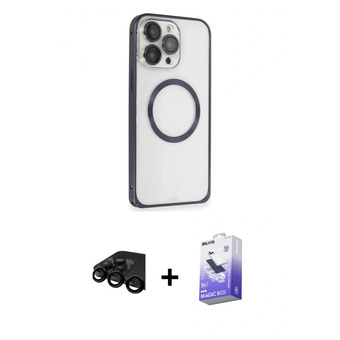 MARSİLYAN™- iPhone 15 Pro Max Kılıf Ahenk Işık Serisi - Siyah Bilvis 5in1 5D Magic Hayalet Cam Ekran Koruyucu + Raze Metal Kamera Lens - SH