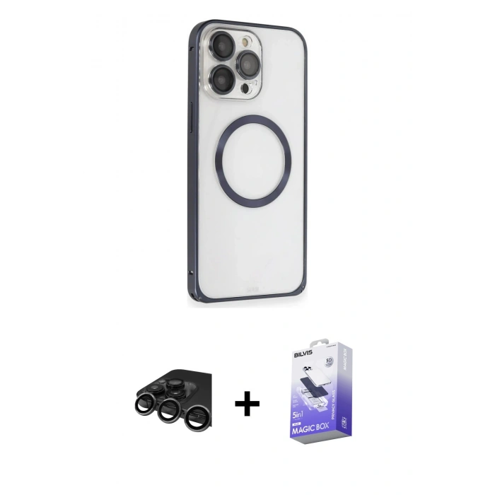 MARSİLYAN™- iPhone 15 Pro Max Kılıf Ahenk Işık Serisi - Siyah Bilvis 5in1 5D Magic Hayalet Cam Ekran Koruyucu + Raze Metal Kamera Lens - TMGI