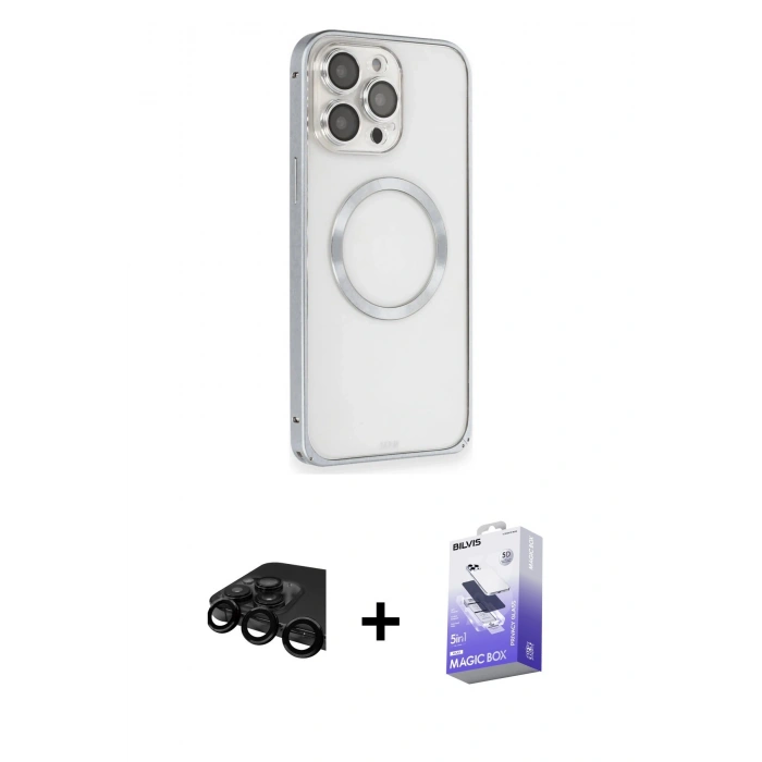 MARSİLYAN™- iPhone 15 Pro Max Kılıf Ahenk Işık Serisi - Siyah Bilvis 5in1 5D Magic Hayalet Cam Ekran Koruyucu + Raze Metal Kamera Lens - SH