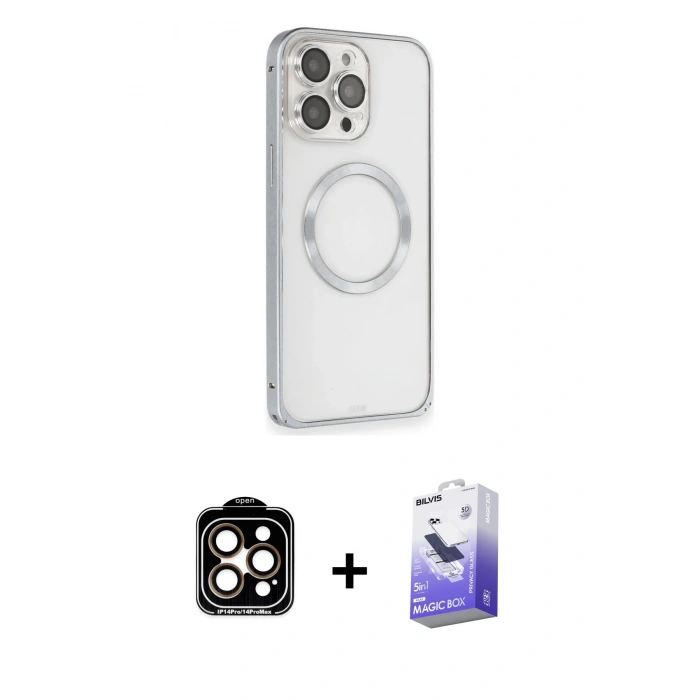 MARSİLYAN™- iPhone 15 Pro Max Kılıf Ahenk Işık Serisi - Siyah Bilvis 5in1 5D Magic Hayalet Cam Ekran Koruyucu + Turuncu PVD Metal Kamera Lens
