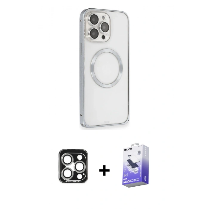 MARSİLYAN™- iPhone 15 Pro Max Kılıf Ahenk Işık Serisi - Siyah Bilvis 5in1 5D Magic Hayalet Cam Ekran Koruyucu + PVD Metal Kamera Lens - GS