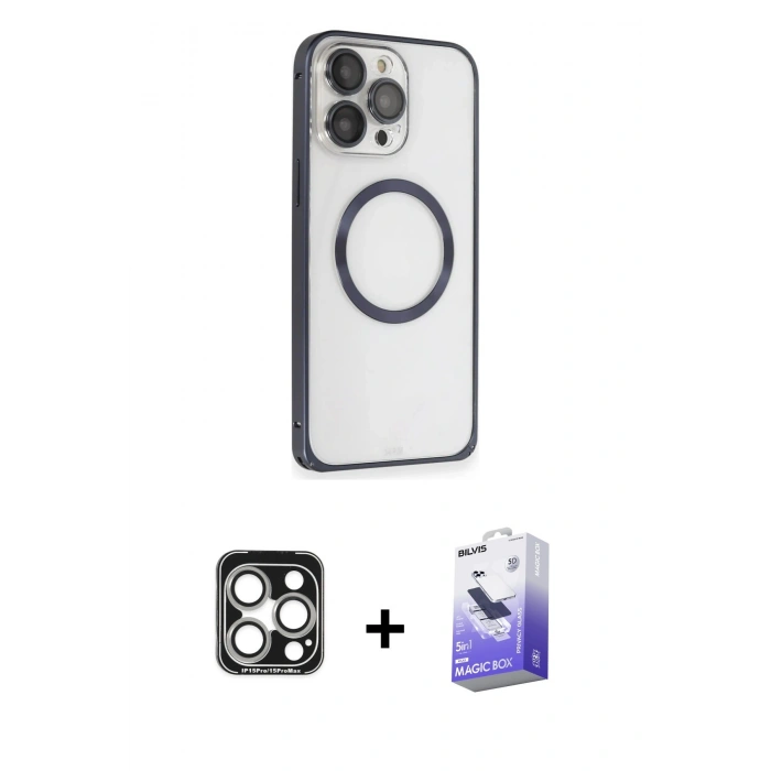 MARSİLYAN™- iPhone 15 Pro Max Kılıf Ahenk Işık Serisi - Siyah Bilvis 5in1 5D Magic Hayalet Cam Ekran Koruyucu + PVD Metal Kamera Lens - GS