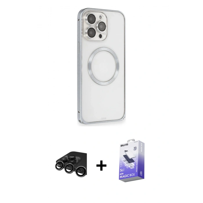 MARSİLYAN™- iPhone 15 Pro Max Kılıf Ahenk Işık Serisi - Siyah Bilvis 5in1 5D Magic Hayalet Cam Ekran Koruyucu + Raze Metal Kamera Lens - TMGI