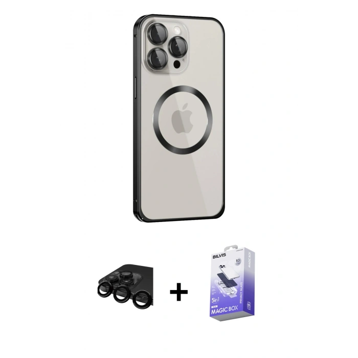 MARSİLYAN™- iPhone 15 Pro Max Kılıf Ahenk Işık Serisi - Siyah Bilvis 5in1 5D Magic Hayalet Cam Ekran Koruyucu + Raze Metal Kamera Lens - SH