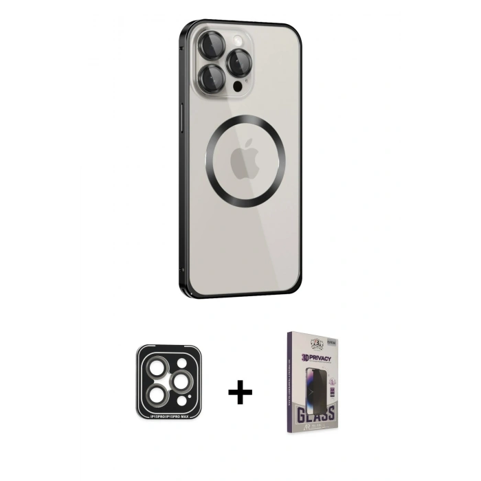 MARSİLYAN™- iPhone 15 Pro Max Kılıf Ahenk Işık Serisi - Siyah Bilvis Hayalet Cam Ekran Koruyucu + PVD Metal Kamera Lens - GI