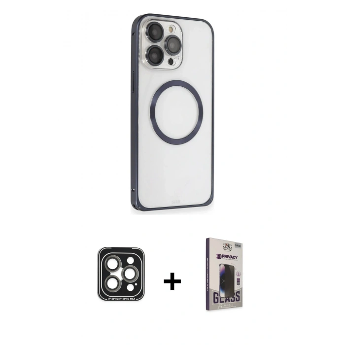 MARSİLYAN™- iPhone 15 Pro Max Kılıf Ahenk Işık Serisi - Siyah Bilvis Hayalet Cam Ekran Koruyucu + PVD Metal Kamera Lens - GI