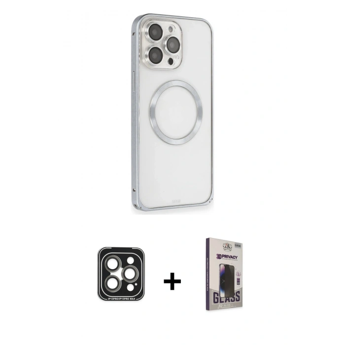 MARSİLYAN™- iPhone 15 Pro Max Kılıf Ahenk Işık Serisi - Siyah Bilvis Hayalet Cam Ekran Koruyucu + PVD Metal Kamera Lens - GI