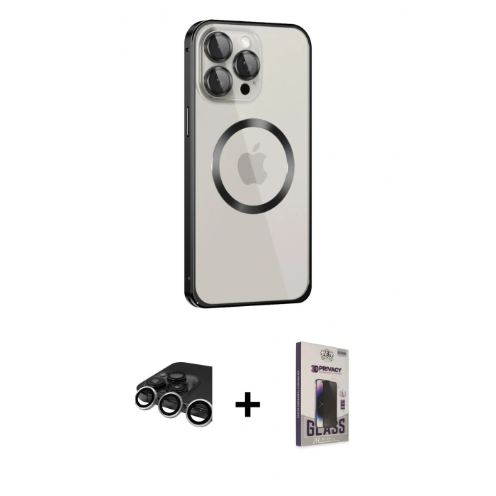 MARSİLYAN™- iPhone 15 Pro Max Kılıf Ahenk Işık Serisi - Siyah Bilvis Hayalet Cam Ekran Koruyucu + Raze Metal Kamera Lens - GS