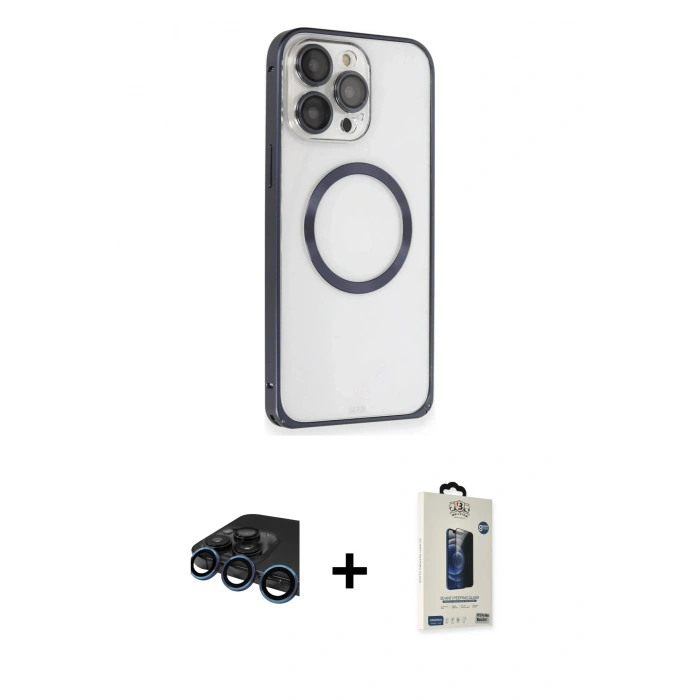 MARSİLYAN™- iPhone 15 Pro Max Kılıf Ahenk Işık Serisi - Siyah Bilvis Hayalet Cam Ekran Koruyucu + Raze Metal Kamera Lens - LT