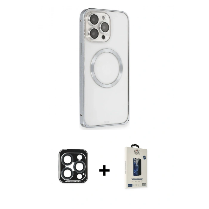 MARSİLYAN™- iPhone 15 Pro Max Kılıf Ahenk Işık Serisi - Siyah Bilvis Hayalet Cam Ekran Koruyucu + PVD Metal Kamera Lens - LT