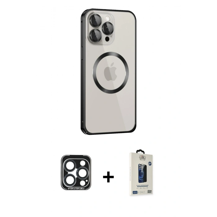 MARSİLYAN™- iPhone 15 Pro Max Kılıf Ahenk Işık Serisi - Siyah Bilvis Hayalet Cam Ekran Koruyucu + PVD Metal Kamera Lens - LT