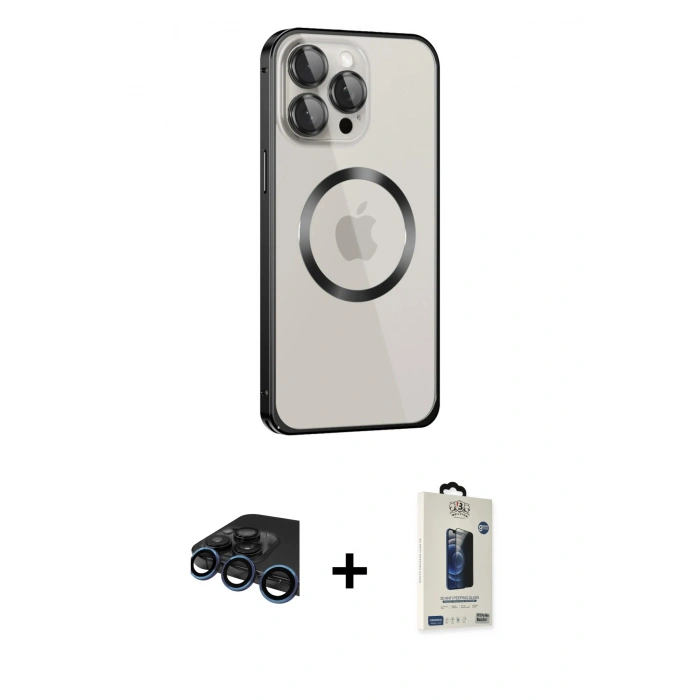 MARSİLYAN™- iPhone 15 Pro Max Kılıf Ahenk Işık Serisi - Siyah Bilvis Hayalet Cam Ekran Koruyucu + Raze Metal Kamera Lens - LT