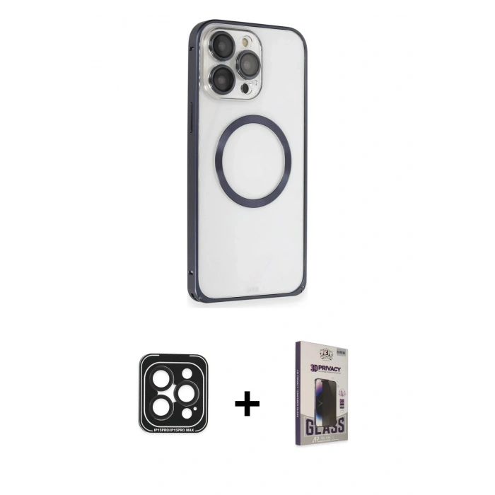 MARSİLYAN™- iPhone 15 Pro Max Kılıf Ahenk Işık Serisi - Siyah Bilvis Hayalet Cam Ekran Koruyucu + PVD Metal Kamera Lens - SH