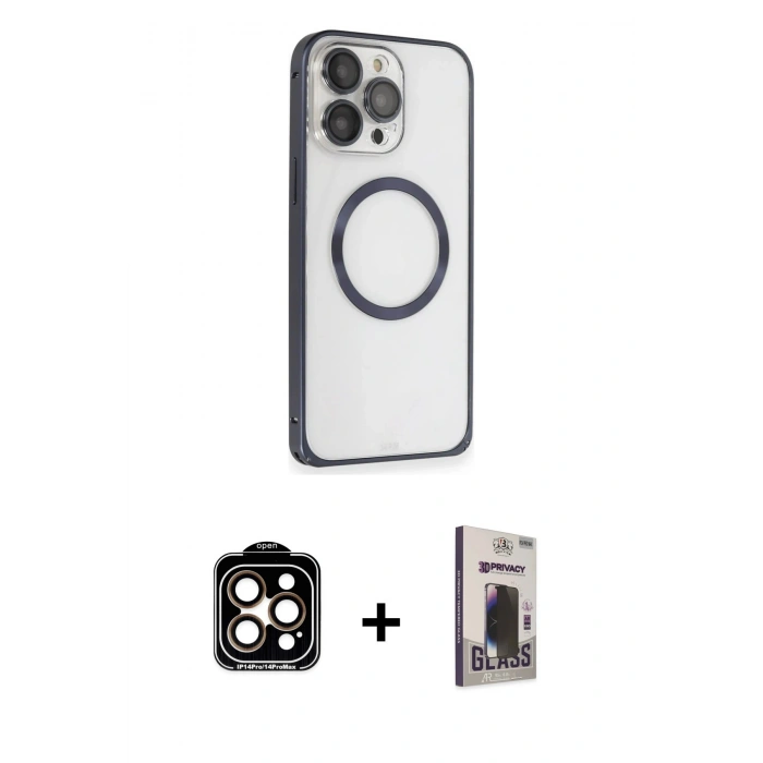MARSİLYAN™- iPhone 15 Pro Max Kılıf Ahenk Işık Serisi - Siyah Bilvis Hayalet Cam Ekran Koruyucu + PVD Metal Kamera Lens - TU