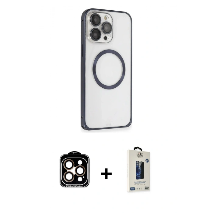 MARSİLYAN™- iPhone 15 Pro Max Kılıf Ahenk Işık Serisi - Siyah Bilvis Hayalet Cam Ekran Koruyucu + PVD Metal Kamera Lens - TU