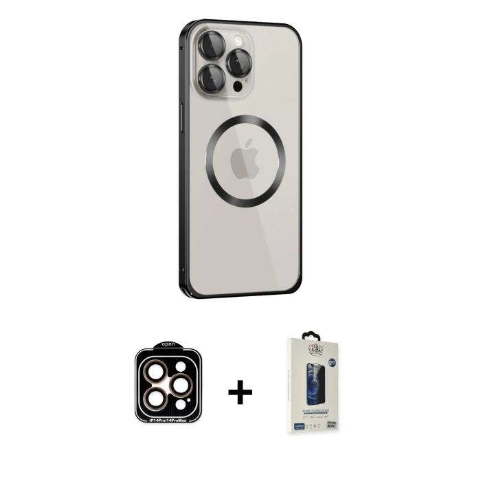MARSİLYAN™- iPhone 15 Pro Max Kılıf Ahenk Işık Serisi - Siyah Bilvis Hayalet Cam Ekran Koruyucu + PVD Metal Kamera Lens - TU