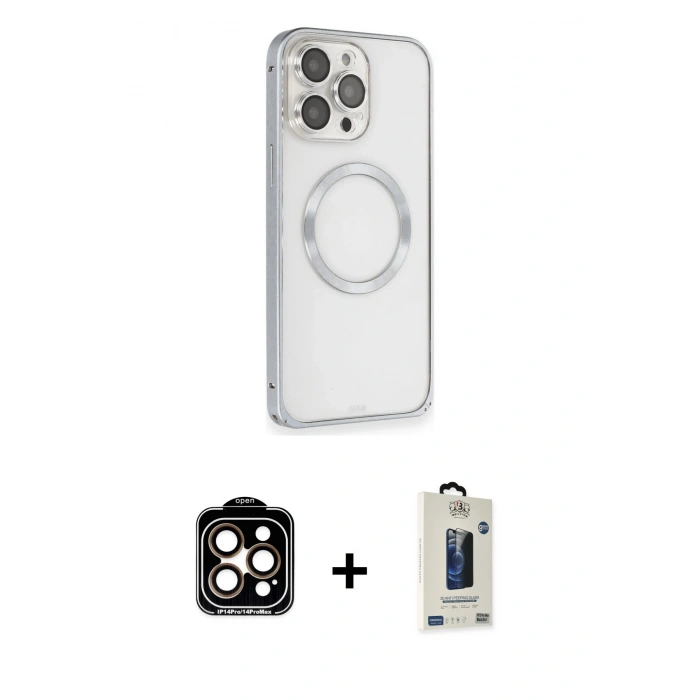 MARSİLYAN™- iPhone 15 Pro Max Kılıf Ahenk Işık Serisi - Siyah Bilvis Hayalet Cam Ekran Koruyucu + PVD Metal Kamera Lens - TU