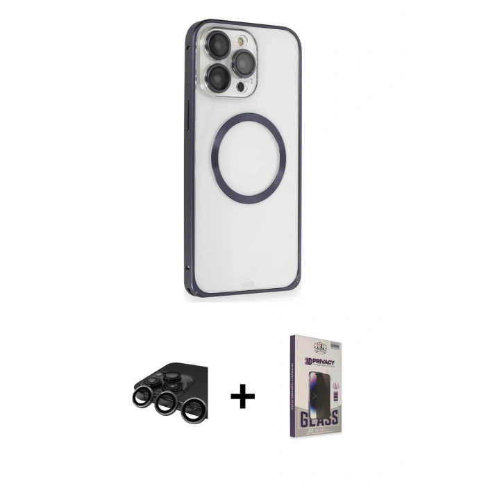 MARSİLYAN™- iPhone 15 Pro Max Kılıf Ahenk Işık Serisi - Siyah Bilvis Hayalet Cam Ekran Koruyucu + Raze Metal Kamera Lens - TMGI