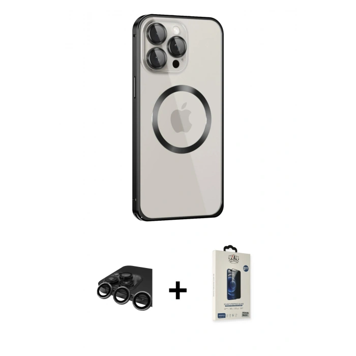 MARSİLYAN™- iPhone 15 Pro Max Kılıf Ahenk Işık Serisi - Siyah Bilvis Hayalet Cam Ekran Koruyucu + Raze Metal Kamera Lens - TMGI