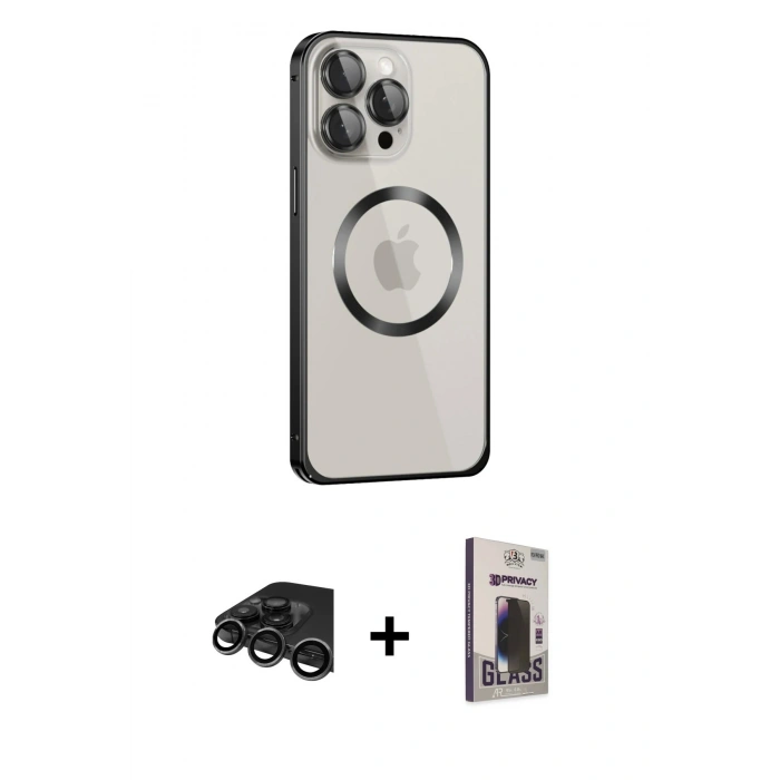 MARSİLYAN™- iPhone 15 Pro Max Kılıf Ahenk Işık Serisi - Siyah Bilvis Hayalet Cam Ekran Koruyucu + Raze Metal Kamera Lens - TMGI