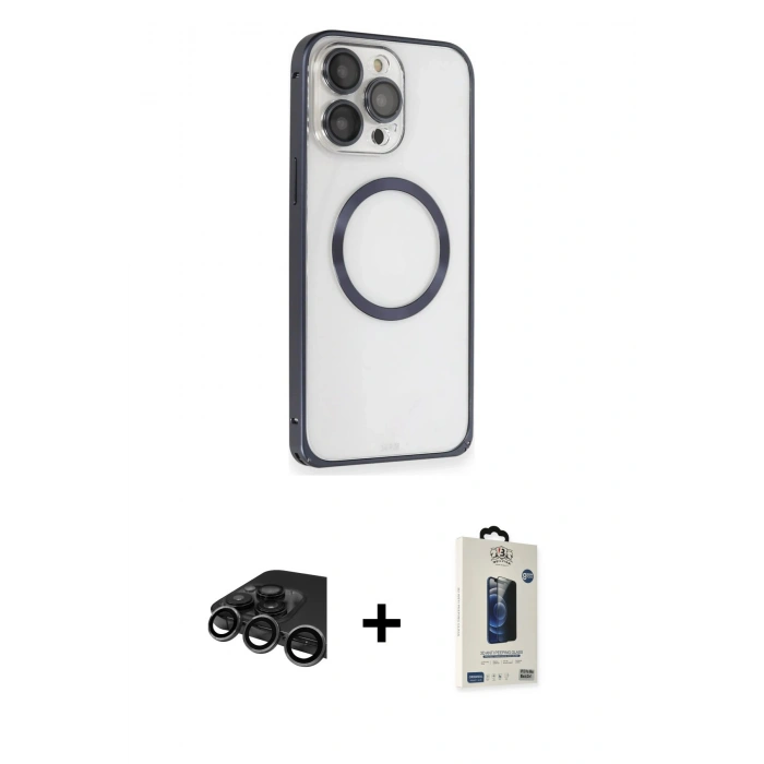 MARSİLYAN™- iPhone 15 Pro Max Kılıf Ahenk Işık Serisi - Siyah Bilvis Hayalet Cam Ekran Koruyucu + Raze Metal Kamera Lens - TMGI