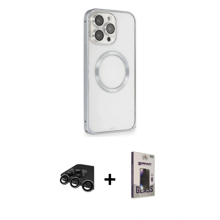MARSİLYAN™- iPhone 15 Pro Max Kılıf Ahenk Işık Serisi - Siyah Bilvis Hayalet Cam Ekran Koruyucu + Raze Metal Kamera Lens - TMGI