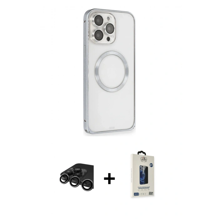 MARSİLYAN™- iPhone 15 Pro Max Kılıf Ahenk Işık Serisi - Siyah Bilvis Hayalet Cam Ekran Koruyucu + Raze Metal Kamera Lens - TMGI