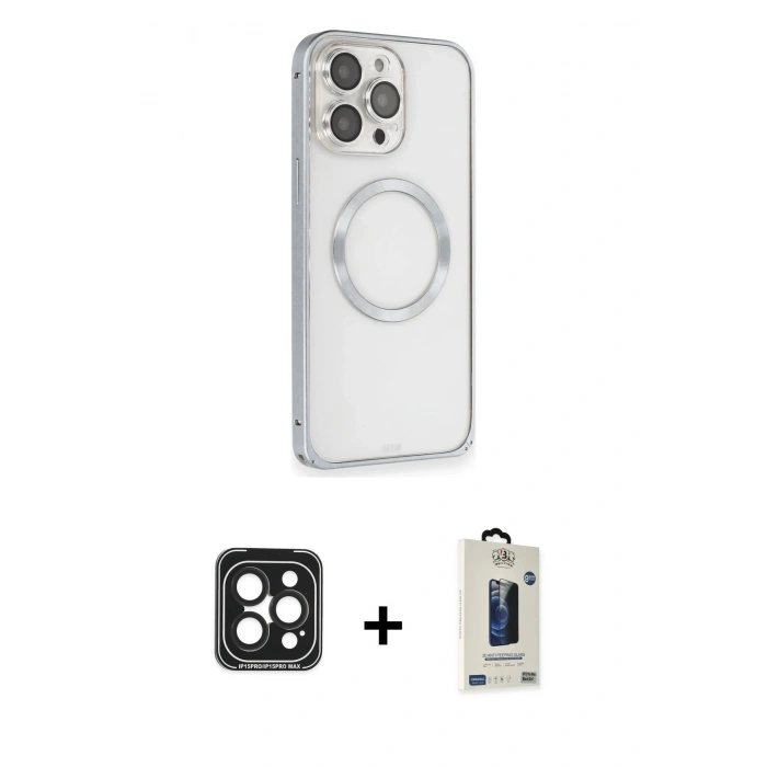 MARSİLYAN™- iPhone 15 Pro Max Kılıf Ahenk Işık Serisi - Siyah Bilvis Hayalet Cam Ekran Koruyucu + PVD Metal Kamera Lens - SH