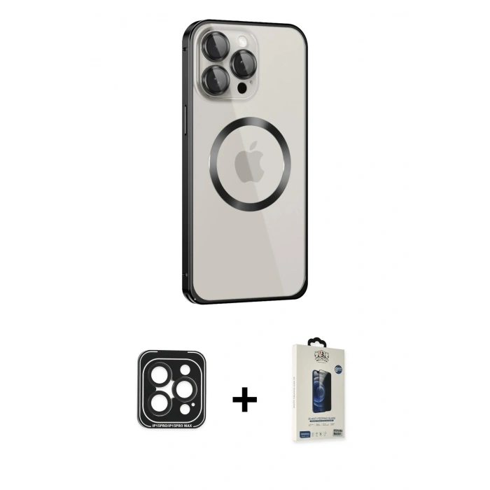MARSİLYAN™- iPhone 15 Pro Max Kılıf Ahenk Işık Serisi - Siyah Bilvis Hayalet Cam Ekran Koruyucu + PVD Metal Kamera Lens - SH