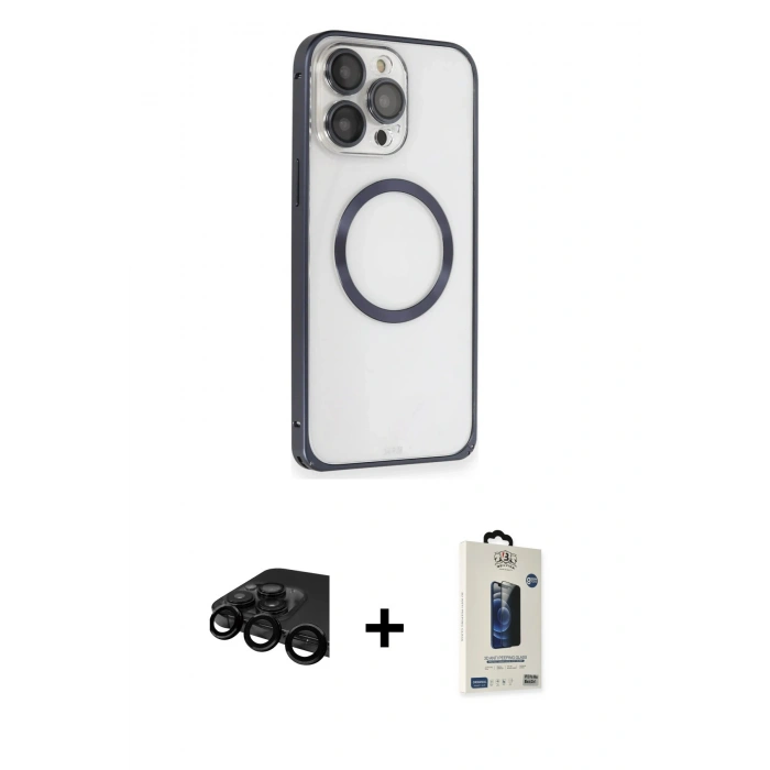 MARSİLYAN™- iPhone 15 Pro Max Kılıf Ahenk Işık Serisi - Siyah Bilvis Hayalet Cam Ekran Koruyucu + Siyah Raze Metal Kamera Lens