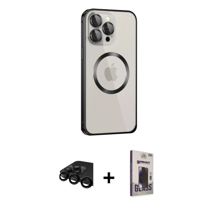 MARSİLYAN™- iPhone 15 Pro Max Kılıf Ahenk Işık Serisi - Siyah Bilvis Hayalet Cam Ekran Koruyucu + Raze Metal Kamera Lens - SH
