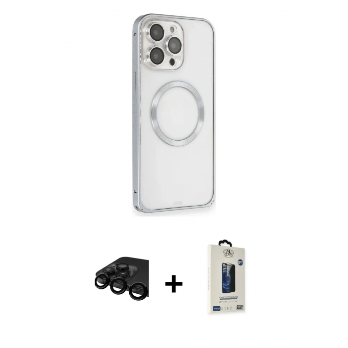 MARSİLYAN™- iPhone 15 Pro Max Kılıf Ahenk Işık Serisi - Siyah Bilvis Hayalet Cam Ekran Koruyucu + Siyah Raze Metal Kamera Lens