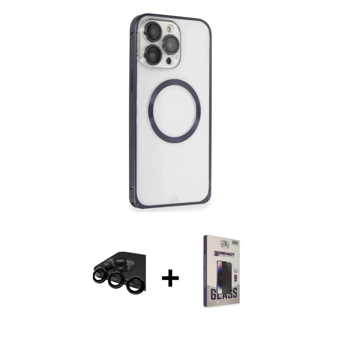 MARSİLYAN™- iPhone 15 Pro Max Kılıf Ahenk Işık Serisi - Siyah Bilvis Hayalet Cam Ekran Koruyucu + Raze Metal Kamera Lens - SH