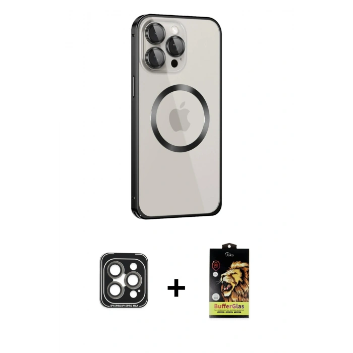 MARSİLYAN™- iPhone 15 Pro Max Kılıf Ahenk Işık Serisi - Siyah Buffer Cam Ekran Koruyucu + Gri PVD Metal Kamera Lens