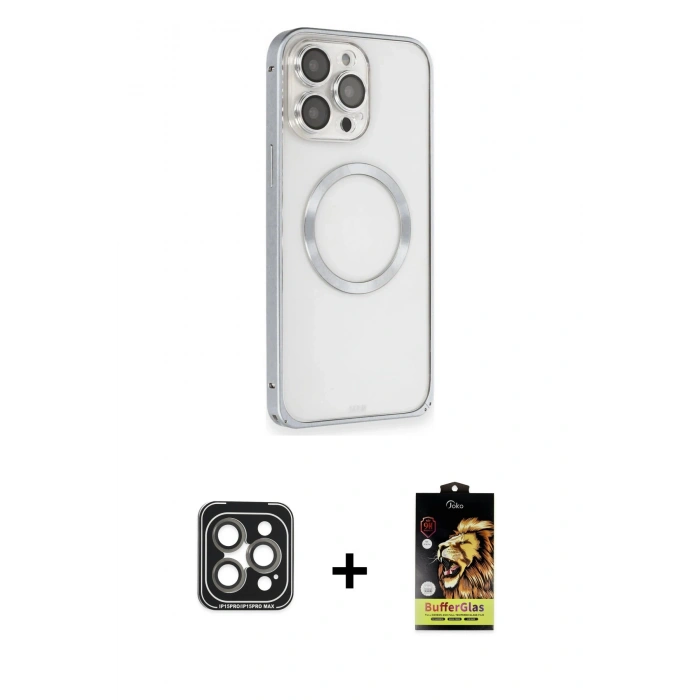 MARSİLYAN™- iPhone 15 Pro Max Kılıf Ahenk Işık Serisi - Siyah Buffer Cam Ekran Koruyucu + Gri PVD Metal Kamera Lens