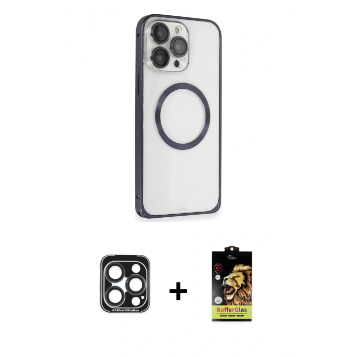 MARSİLYAN™- iPhone 15 Pro Max Kılıf Ahenk Işık Serisi - Siyah Buffer Cam Ekran Koruyucu + PVD Metal Kamera Lens - LT