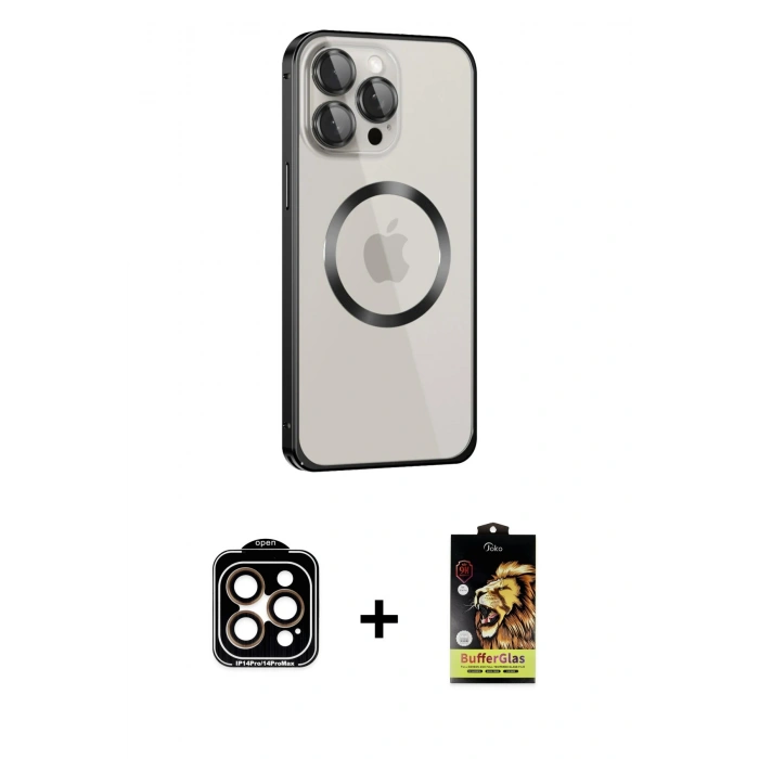 MARSİLYAN™- iPhone 15 Pro Max Kılıf Ahenk Işık Serisi - Siyah Buffer Cam Ekran Koruyucu + PVD Metal Kamera Lens - TU